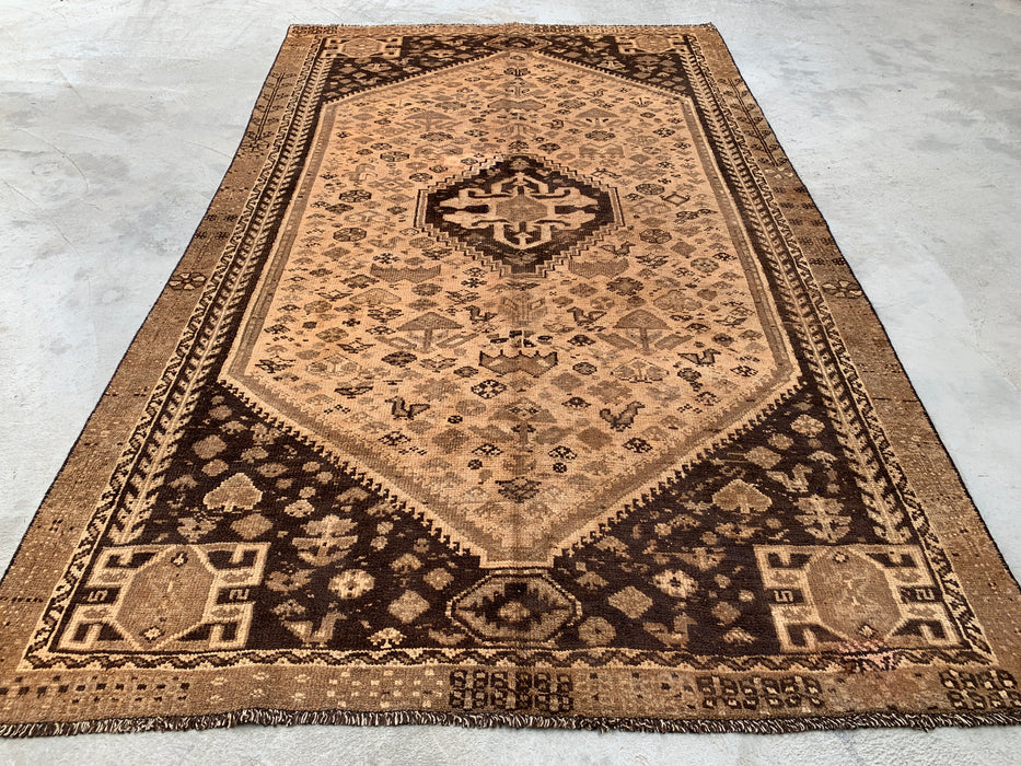 8'6 x 5'1 handgeknoopt Perzisch wollen tapijt - Beige vintage tribaal medaillonontwerp - KBHM-895