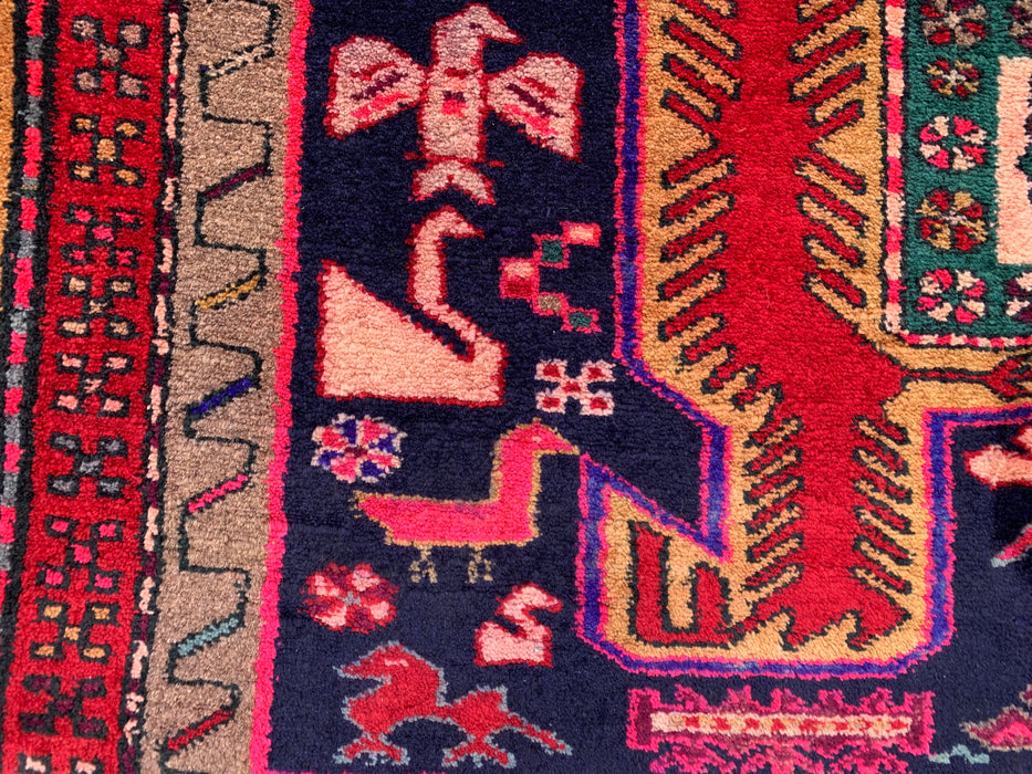 295 cm x 112 cm handgeknoopt Perzisch wollen loper - Marineblauw tribaal geometrisch paneelontwerp met rode accenten - KBHM-896
