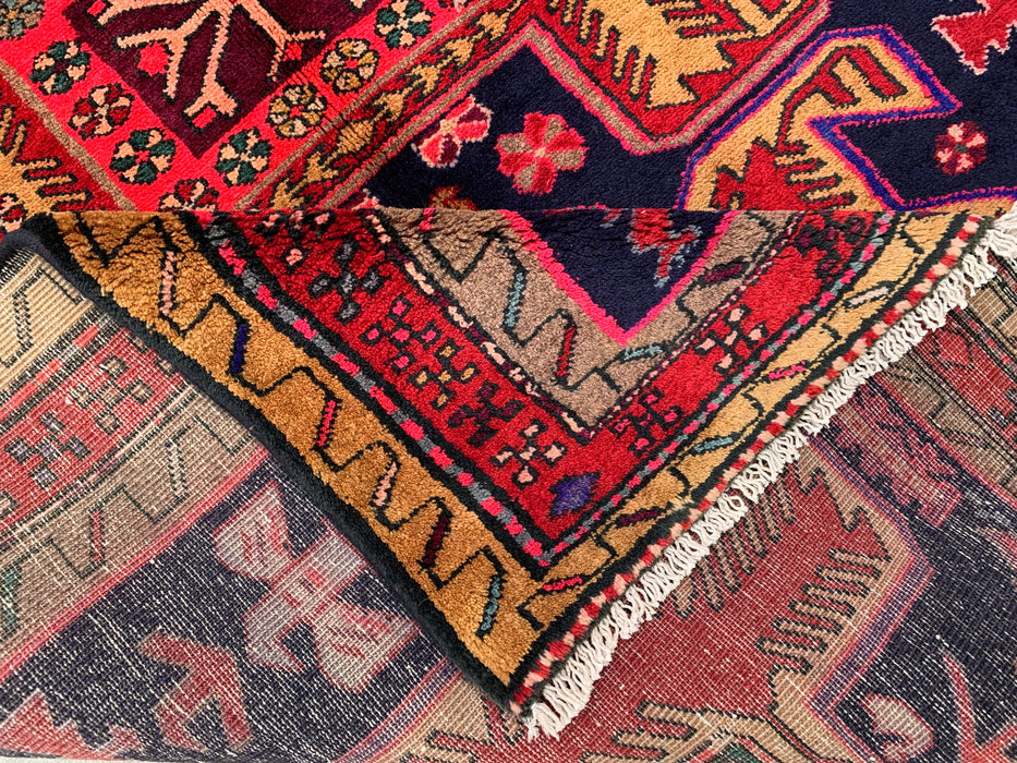 295 cm x 112 cm handgeknoopt Perzisch wollen loper - Marineblauw tribaal geometrisch paneelontwerp met rode accenten - KBHM-896