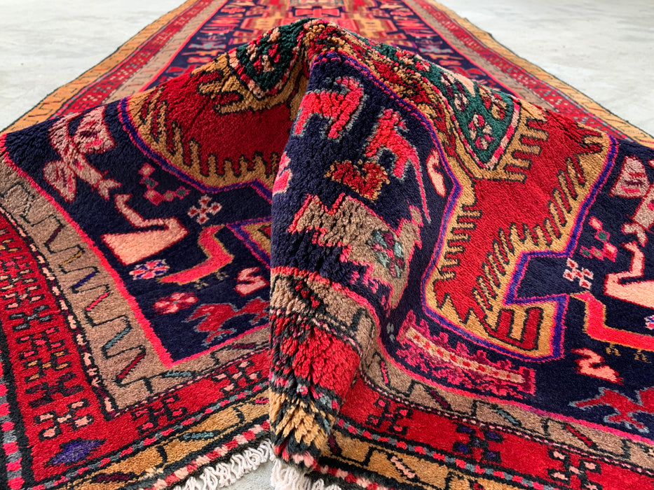 295 cm x 112 cm handgeknoopt Perzisch wollen loper - Marineblauw tribaal geometrisch paneelontwerp met rode accenten - KBHM-896