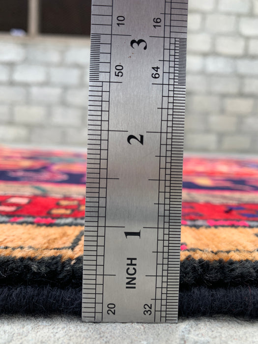 295 cm x 112 cm handgeknoopt Perzisch wollen loper - Marineblauw tribaal geometrisch paneelontwerp met rode accenten - KBHM-896