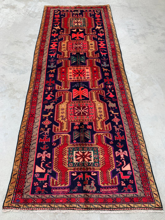 295 cm x 112 cm handgeknoopt Perzisch wollen loper - Marineblauw tribaal geometrisch paneelontwerp met rode accenten - KBHM-896