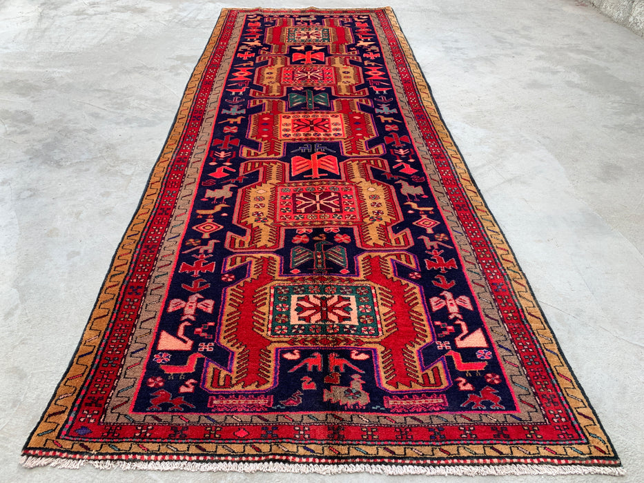 295 cm x 112 cm handgeknoopt Perzisch wollen loper - Marineblauw tribaal geometrisch paneelontwerp met rode accenten - KBHM-896
