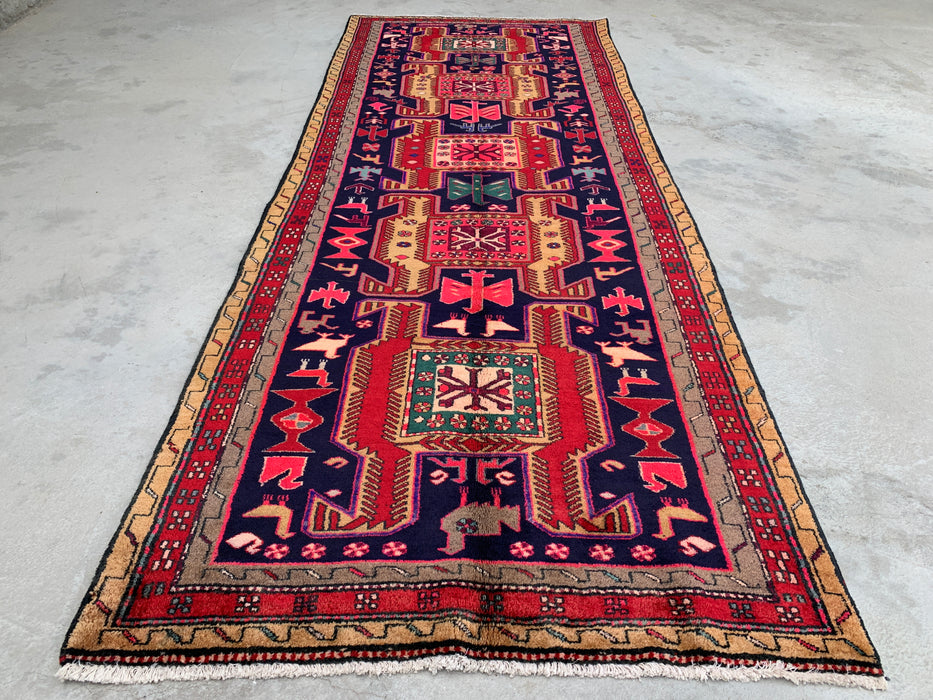 295 cm x 112 cm handgeknoopt Perzisch wollen loper - Marineblauw tribaal geometrisch paneelontwerp met rode accenten - KBHM-896