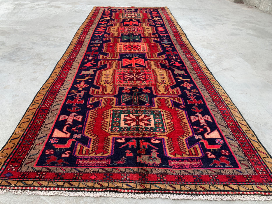 295 cm x 112 cm handgeknoopt Perzisch wollen loper - Marineblauw tribaal geometrisch paneelontwerp met rode accenten - KBHM-896