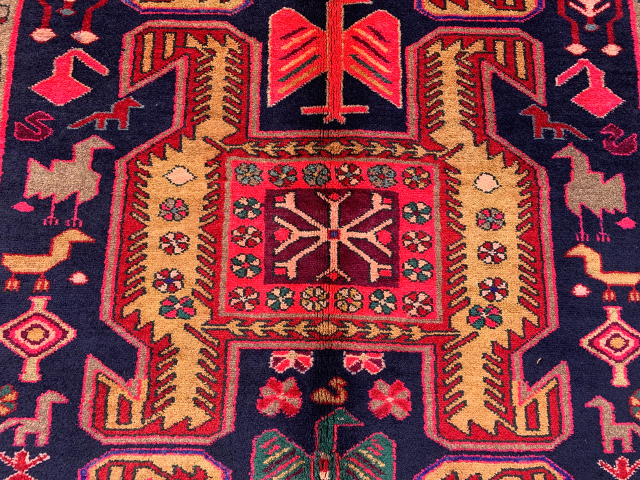 295 cm x 112 cm handgeknoopt Perzisch wollen loper - Marineblauw tribaal geometrisch paneelontwerp met rode accenten - KBHM-896