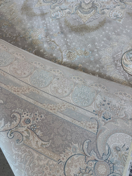 Luxe machinaal geweven Perzisch tapijt – Zilvergrijs / Zachtblauw medaillon – 215 x 305 cm