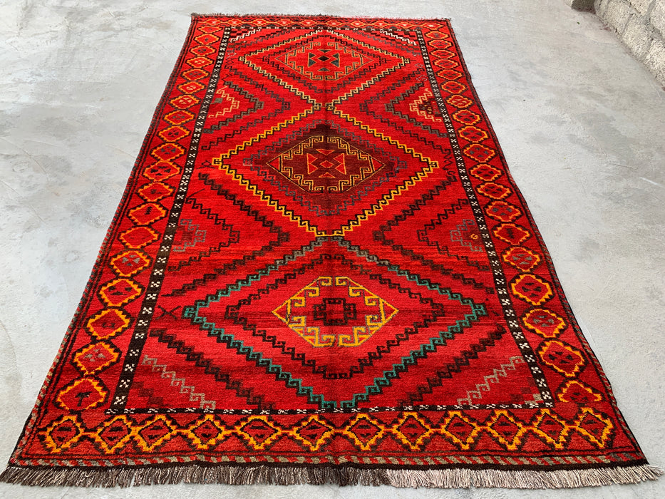 9'11 x 5'9 handgeknoopt Perzisch wollen tapijt - Rood geometrisch tribaal medaillonontwerp - KBHM-902