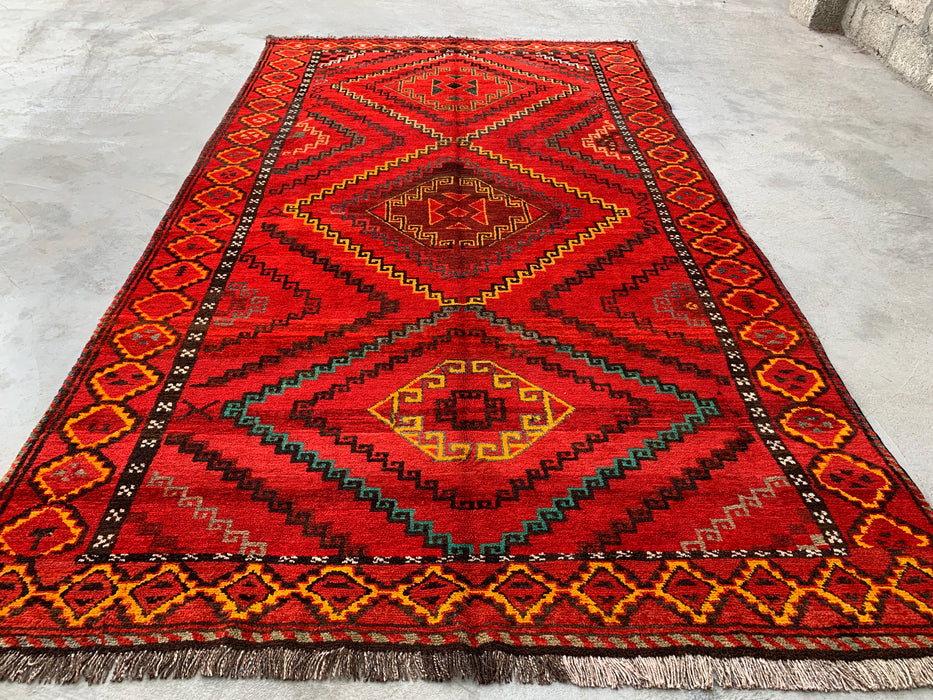 9'11 x 5'9 handgeknoopt Perzisch wollen tapijt - Rood geometrisch tribaal medaillonontwerp - KBHM-902