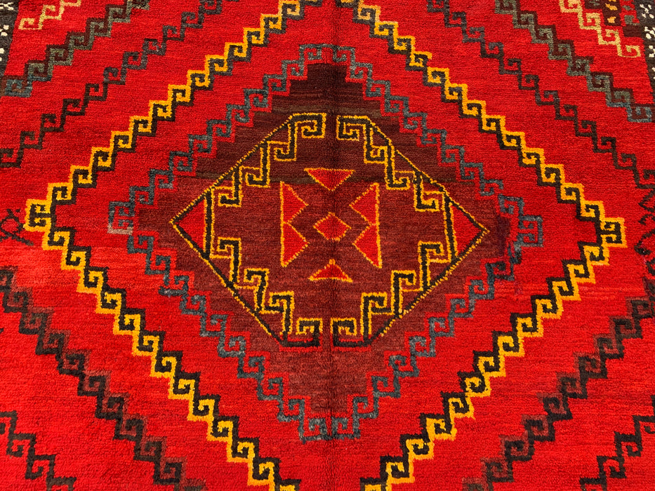 9'11 x 5'9 handgeknoopt Perzisch wollen tapijt - Rood geometrisch tribaal medaillonontwerp - KBHM-902
