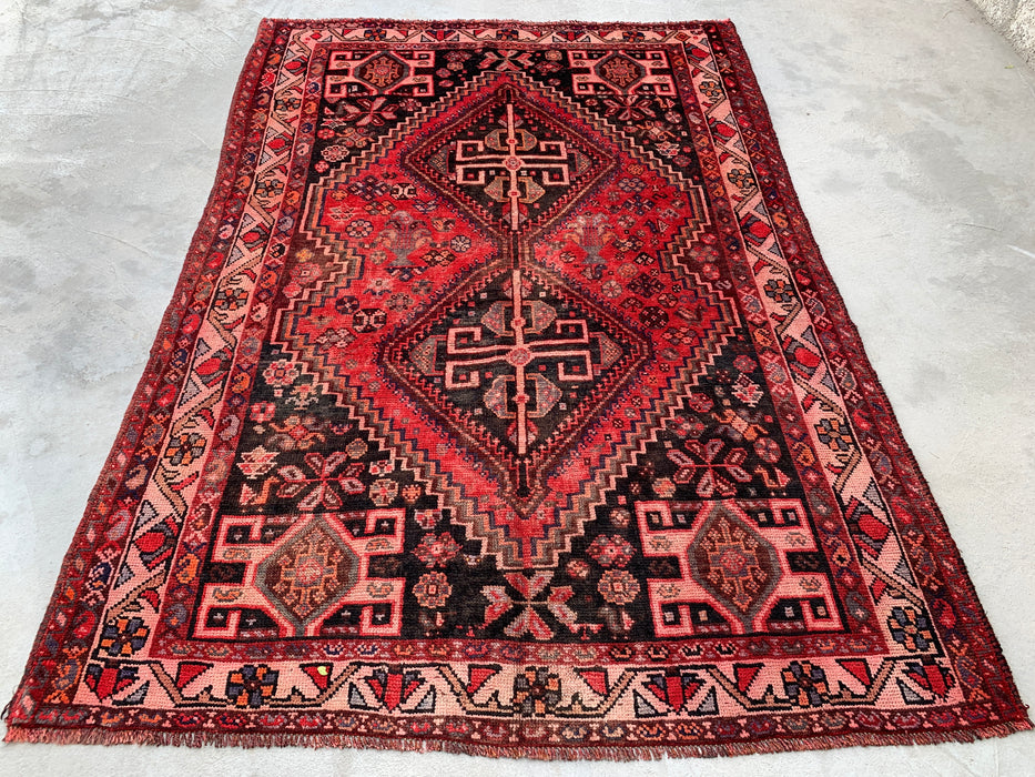 8'4 x 5'7 handgeknoopt Perzisch wollen tapijt - Rood & Houtskool geometrisch tribaal medaillonontwerp - KBHM-903