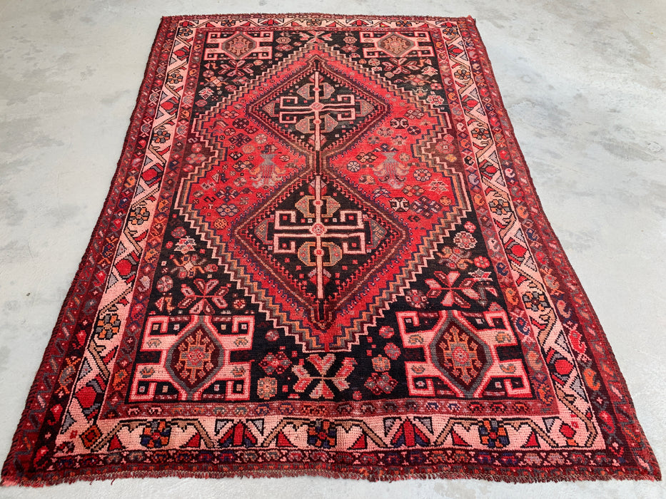 8'4 x 5'7 handgeknoopt Perzisch wollen tapijt - Rood & Houtskool geometrisch tribaal medaillonontwerp - KBHM-903