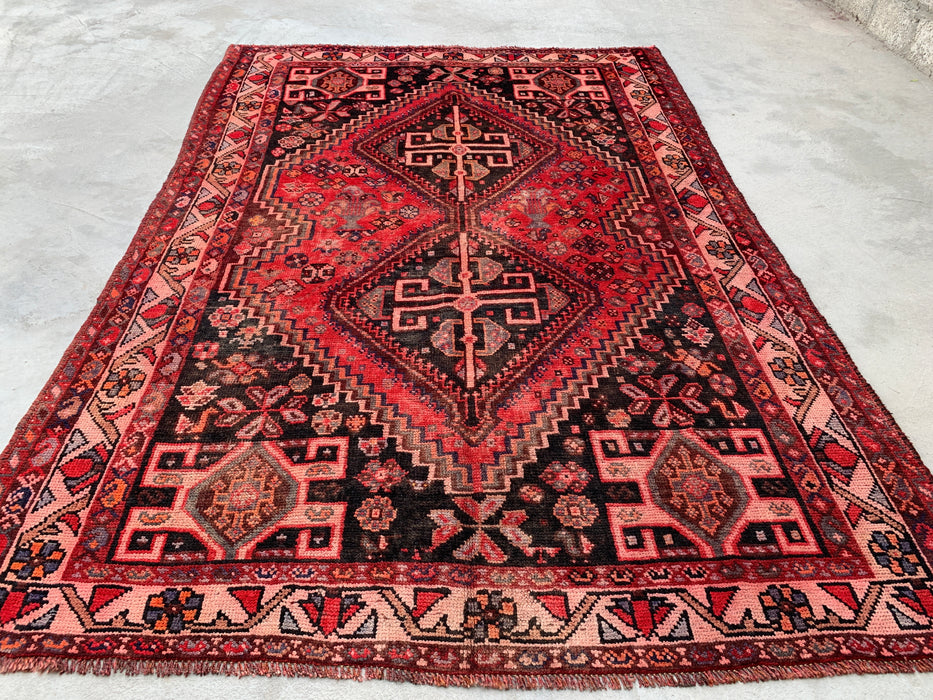 8'4 x 5'7 handgeknoopt Perzisch wollen tapijt - Rood & Houtskool geometrisch tribaal medaillonontwerp - KBHM-903
