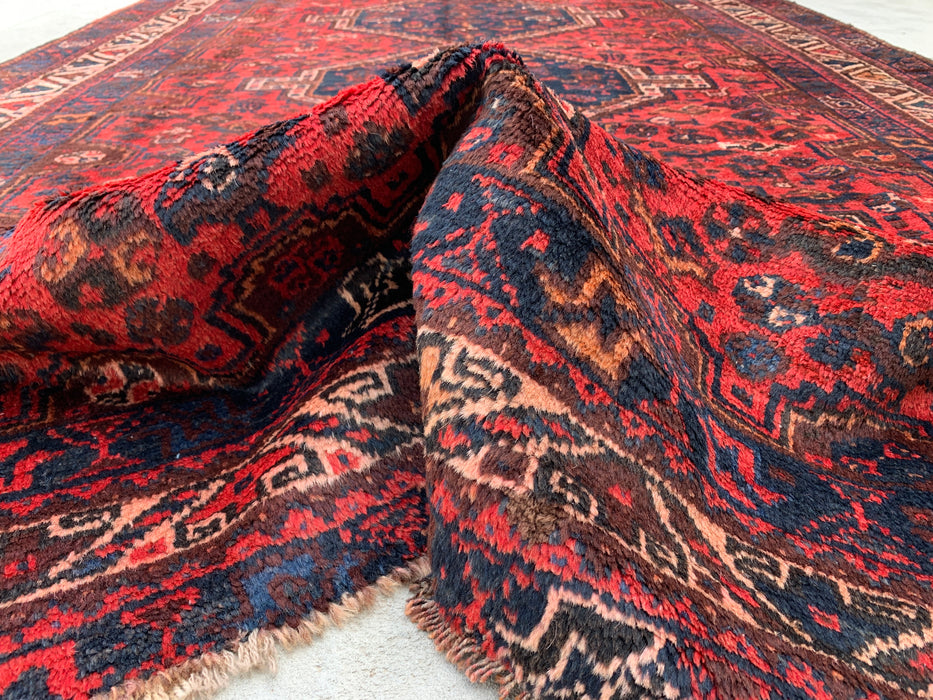Handgemaakt Perzisch wollen vloerkleed 210x300 cm - Rood Perzisch tapijt in tribale stijl met medaillon en marineblauwe accenten - Exacte afmetingen 292 cm x 196 cm - KBHM-905