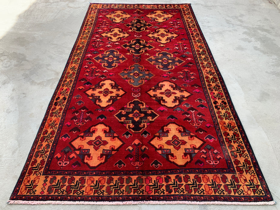 9'3 x 4'11 handgeknoopt Perzisch wollen tapijt - Rood geometrisch tribaal ruitontwerp - KBHM-906