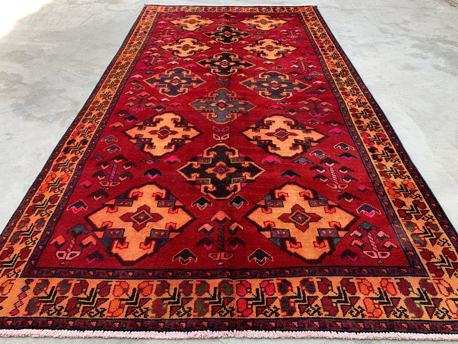 9'3 x 4'11 handgeknoopt Perzisch wollen tapijt - Rood geometrisch tribaal ruitontwerp - KBHM-906
