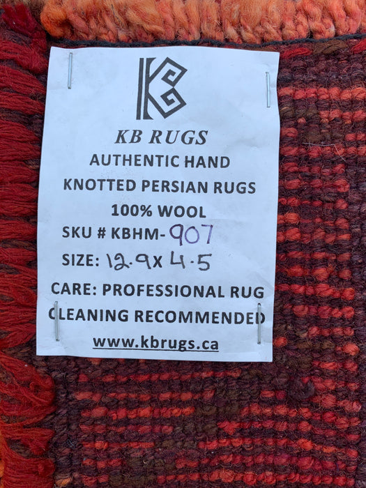 12'9 x 4'5 Handgeknoopt Perzisch wollen loper - Roestkleurig geometrisch tribaal ruitpatroon - KBHM-907