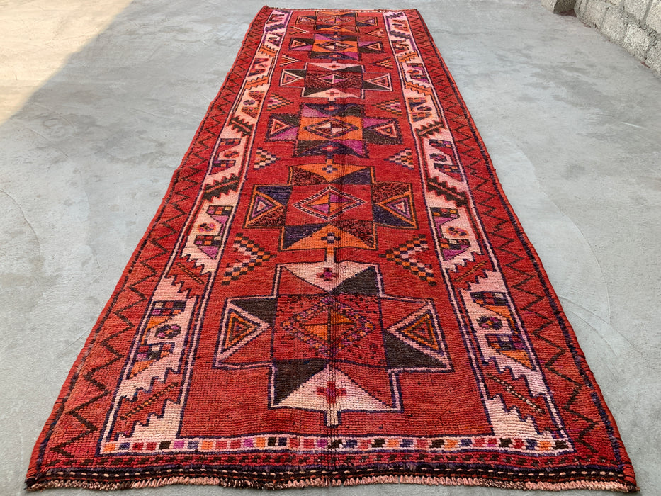 12'9 x 4'5 Handgeknoopt Perzisch wollen loper - Roestkleurig geometrisch tribaal ruitpatroon - KBHM-907