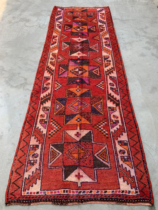 12'9 x 4'5 Handgeknoopt Perzisch wollen loper - Roestkleurig geometrisch tribaal ruitpatroon - KBHM-907