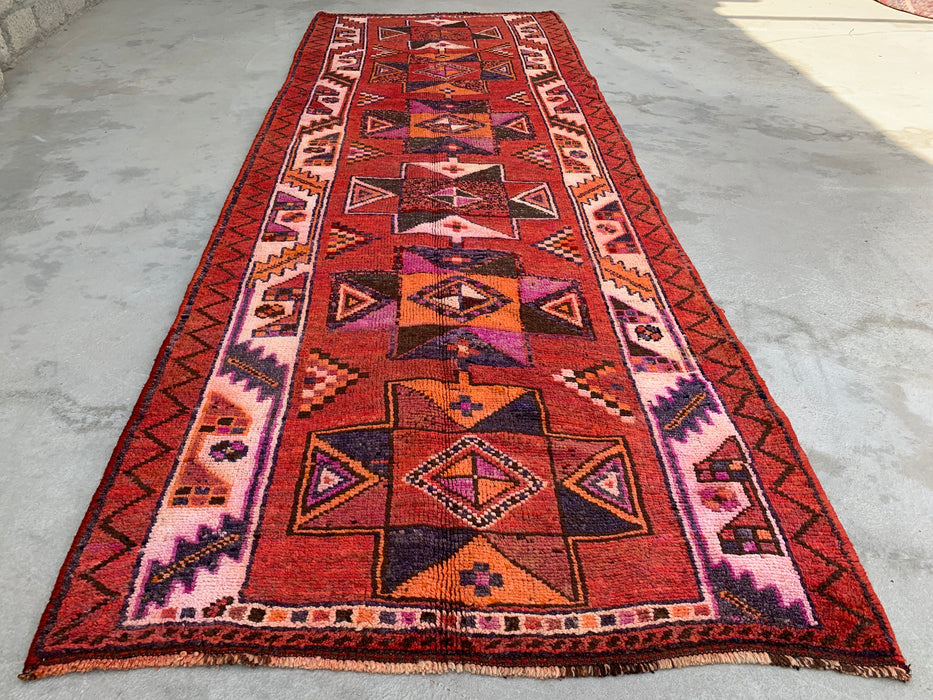 12'9 x 4'5 Handgeknoopt Perzisch wollen loper - Roestkleurig geometrisch tribaal ruitpatroon - KBHM-907