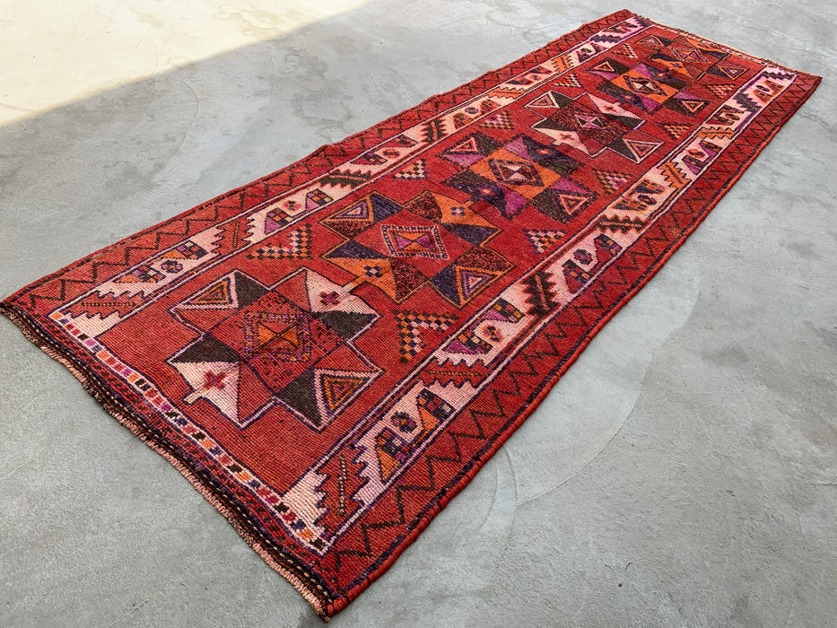 12'9 x 4'5 Handgeknoopt Perzisch wollen loper - Roestkleurig geometrisch tribaal ruitpatroon - KBHM-907