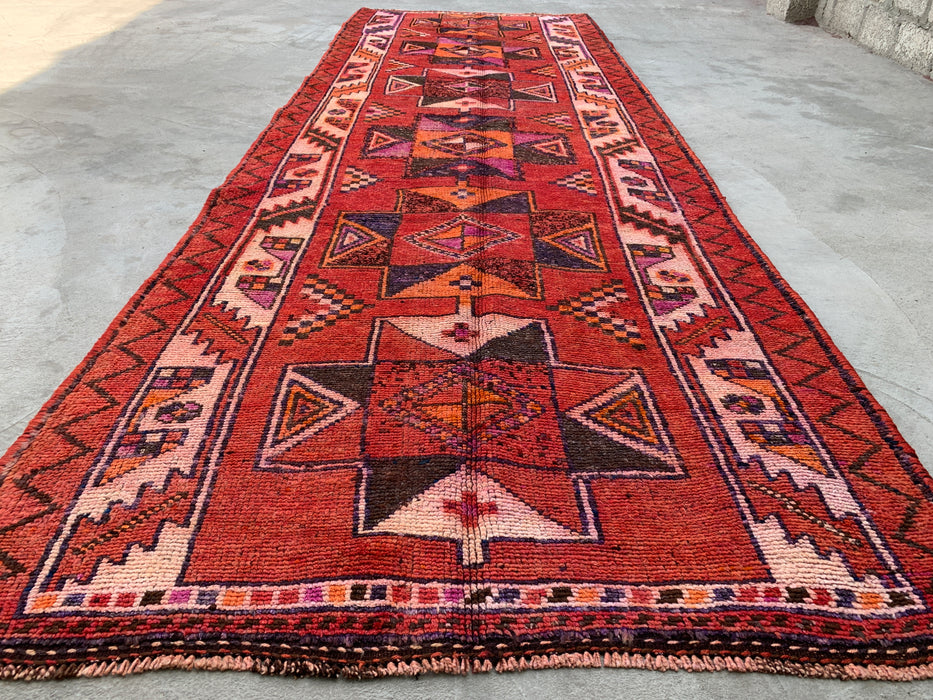 12'9 x 4'5 Handgeknoopt Perzisch wollen loper - Roestkleurig geometrisch tribaal ruitpatroon - KBHM-907