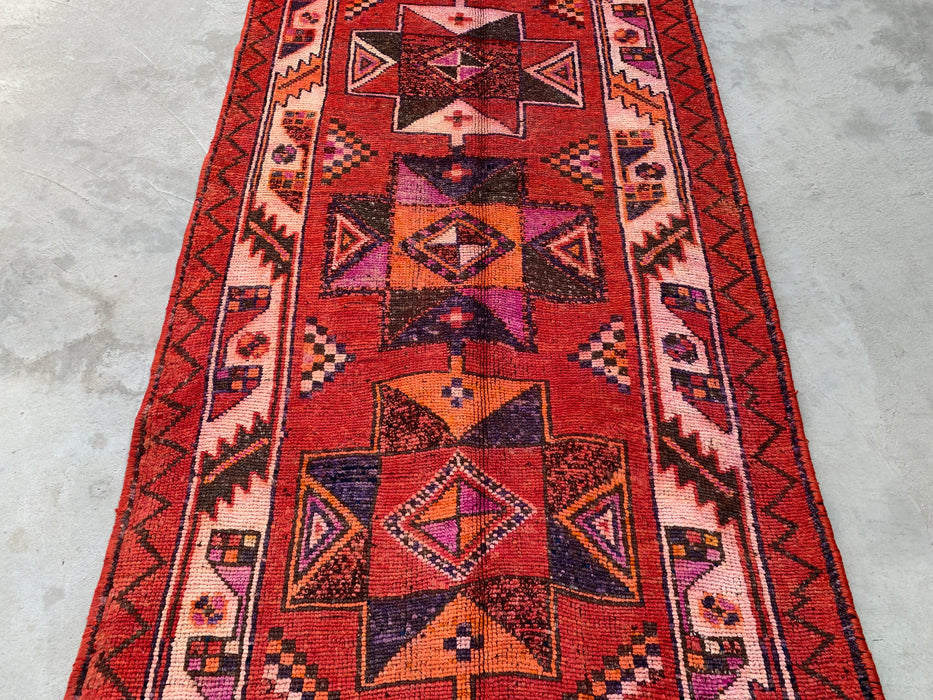 12'9 x 4'5 Handgeknoopt Perzisch wollen loper - Roestkleurig geometrisch tribaal ruitpatroon - KBHM-907