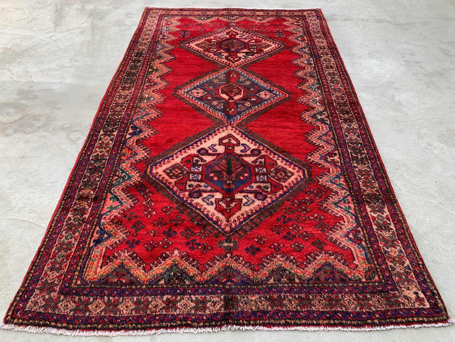 9'2 x 5'2 handgeknoopt Perzisch wollen tapijt - Rood tribaal medaillonontwerp met marineblauwe accenten - KBHM-908