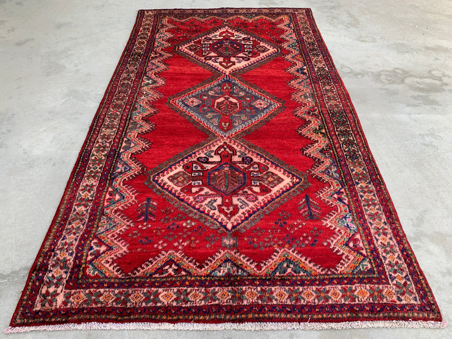 9'2 x 5'2 handgeknoopt Perzisch wollen tapijt - Rood tribaal medaillonontwerp met marineblauwe accenten - KBHM-908