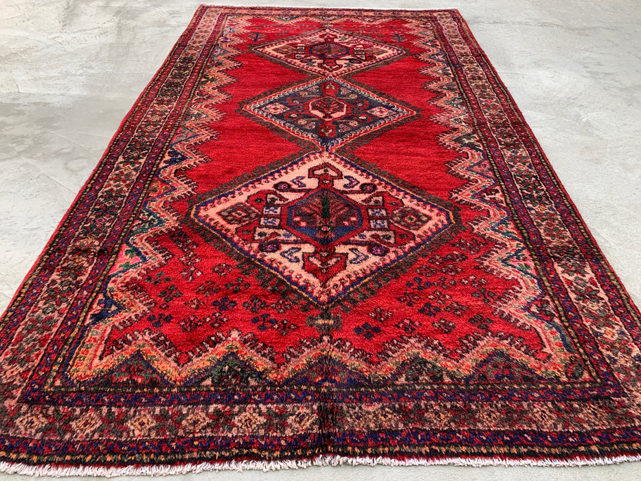 9'2 x 5'2 handgeknoopt Perzisch wollen tapijt - Rood tribaal medaillonontwerp met marineblauwe accenten - KBHM-908