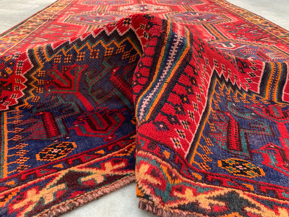 7'10 x 5'0 handgeknoopt Perzisch wollen vloerkleed - Rood tribaal geometrisch medaillonontwerp met blauwe accenten - KBHM-910