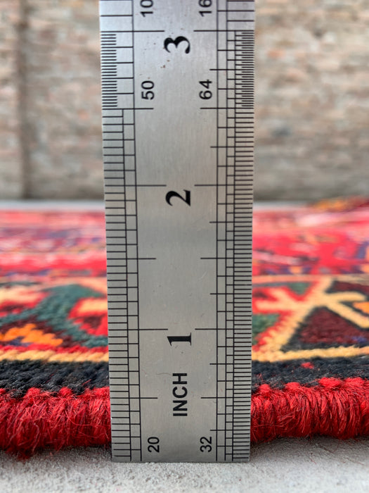 7'10 x 5'0 handgeknoopt Perzisch wollen vloerkleed - Rood tribaal geometrisch medaillonontwerp met blauwe accenten - KBHM-910