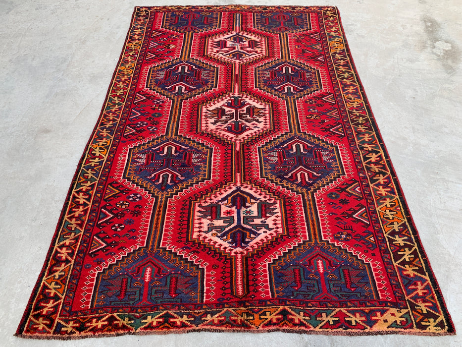7'10 x 5'0 handgeknoopt Perzisch wollen vloerkleed - Rood tribaal geometrisch medaillonontwerp met blauwe accenten - KBHM-910