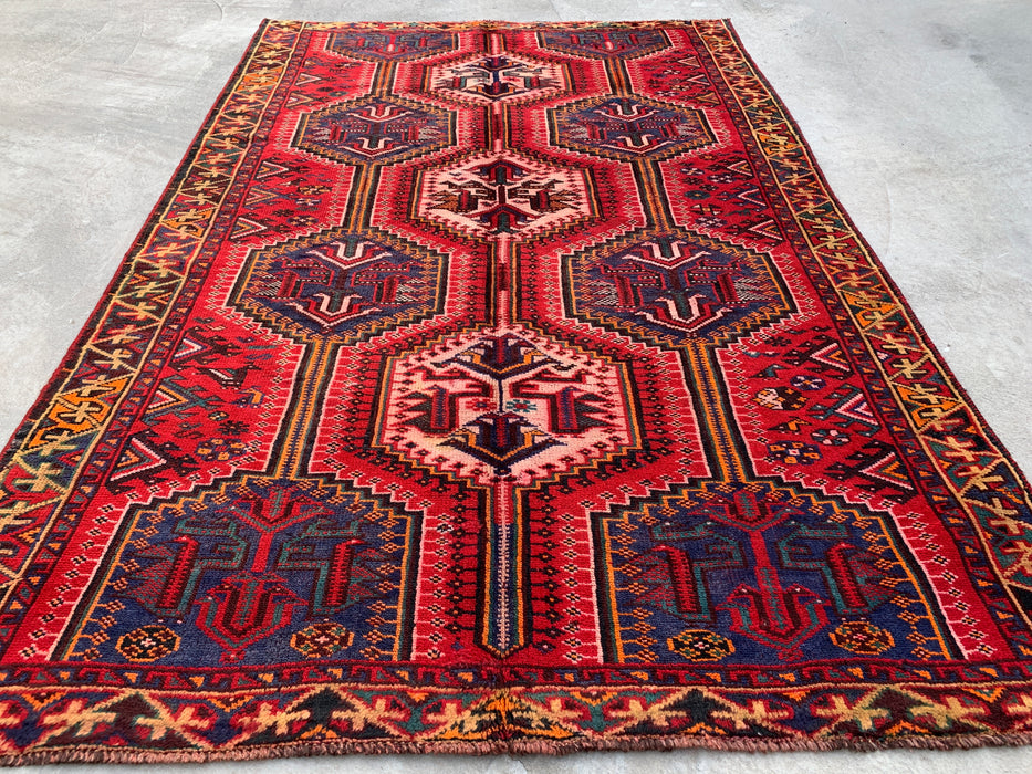 7'10 x 5'0 handgeknoopt Perzisch wollen vloerkleed - Rood tribaal geometrisch medaillonontwerp met blauwe accenten - KBHM-910