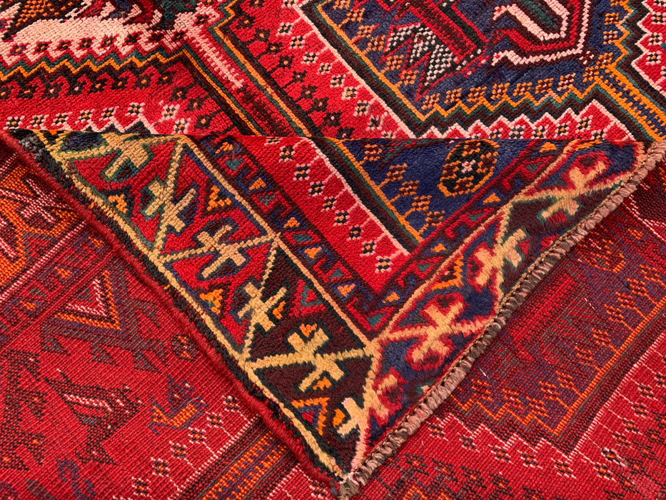 7'10 x 5'0 handgeknoopt Perzisch wollen vloerkleed - Rood tribaal geometrisch medaillonontwerp met blauwe accenten - KBHM-910