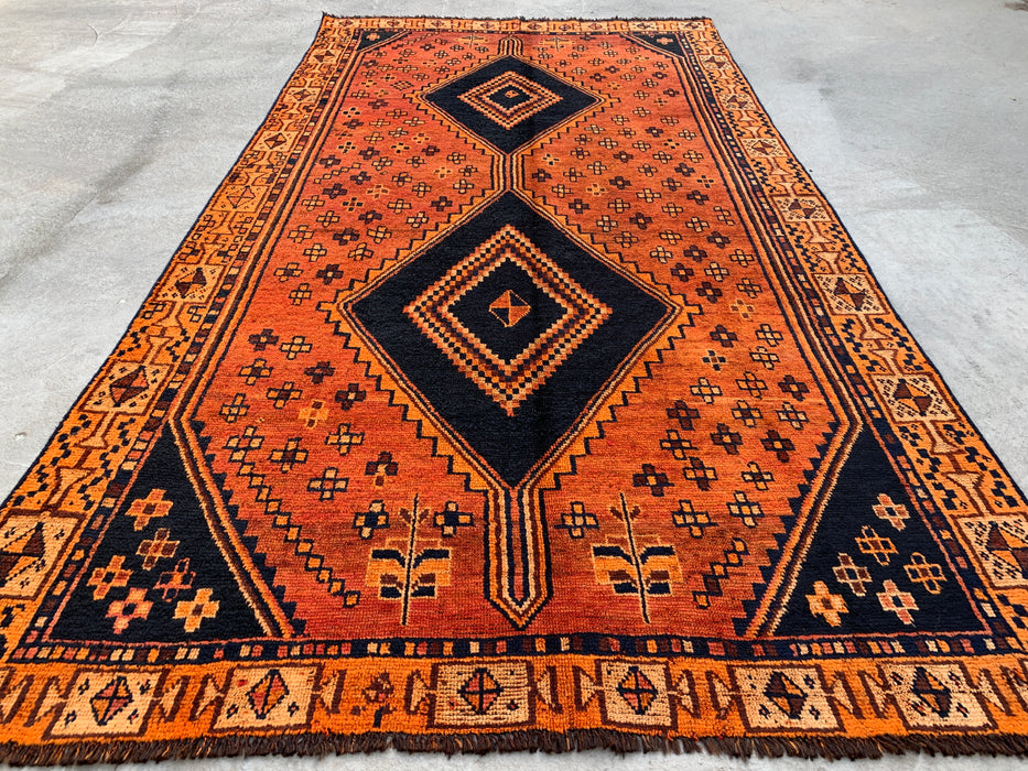 9'0 x 4'10 Handgeknoopt Perzisch wollen tapijt - Oranje geometrisch tribaal ruitontwerp - KBHM-914