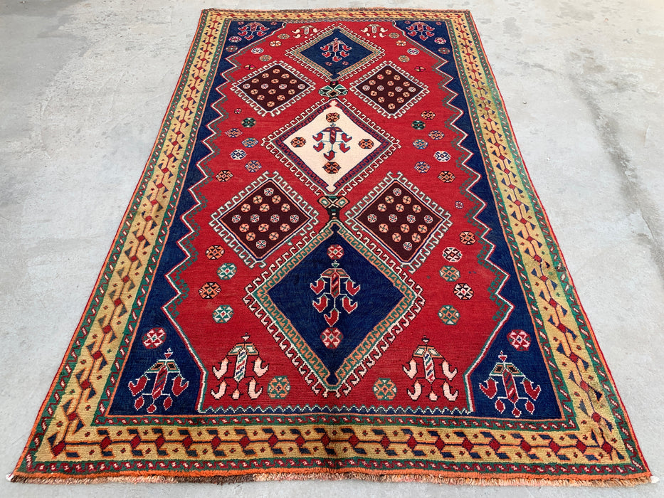 7'11 x 4'9 Handgeknoopt Perzisch wollen tapijt - Rood geometrisch tribaal medaillonontwerp - KBHM-915