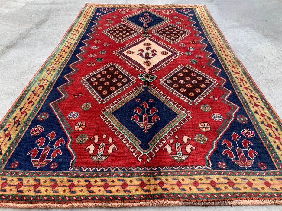 7'11 x 4'9 Handgeknoopt Perzisch wollen tapijt - Rood geometrisch tribaal medaillonontwerp - KBHM-915
