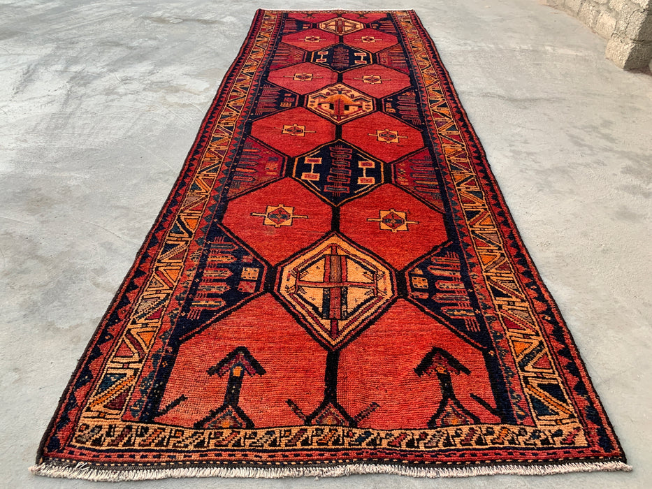 13'5 x 4'7 Handgeknoopt Perzisch wollen loper - Roestkleurig geometrisch tribaal medaillondesign - KBHM-918