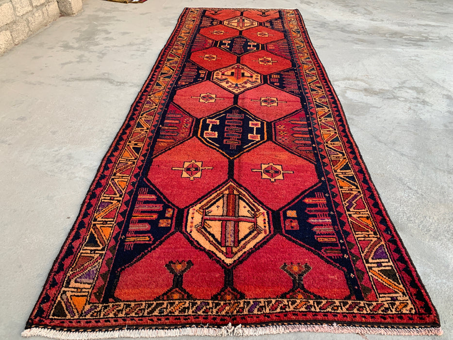 13'5 x 4'7 Handgeknoopt Perzisch wollen loper - Roestkleurig geometrisch tribaal medaillondesign - KBHM-918