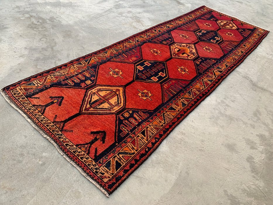 13'5 x 4'7 Handgeknoopt Perzisch wollen loper - Roestkleurig geometrisch tribaal medaillondesign - KBHM-918