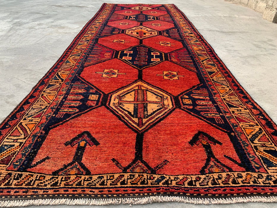 13'5 x 4'7 Handgeknoopt Perzisch wollen loper - Roestkleurig geometrisch tribaal medaillondesign - KBHM-918