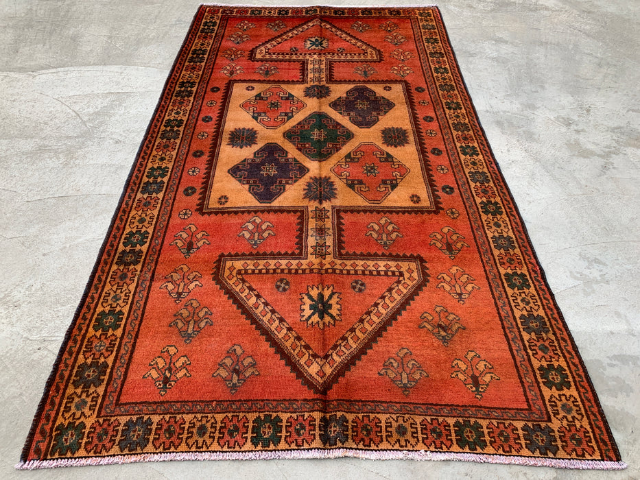 8'11 x 4'11 handgeknoopt Perzisch wollen tapijt - roestkleurig geometrisch tribaal paneelontwerp - KBHM-924