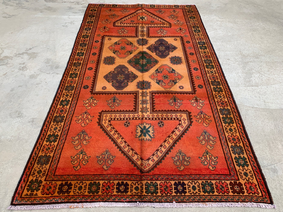 8'11 x 4'11 handgeknoopt Perzisch wollen tapijt - roestkleurig geometrisch tribaal paneelontwerp - KBHM-924