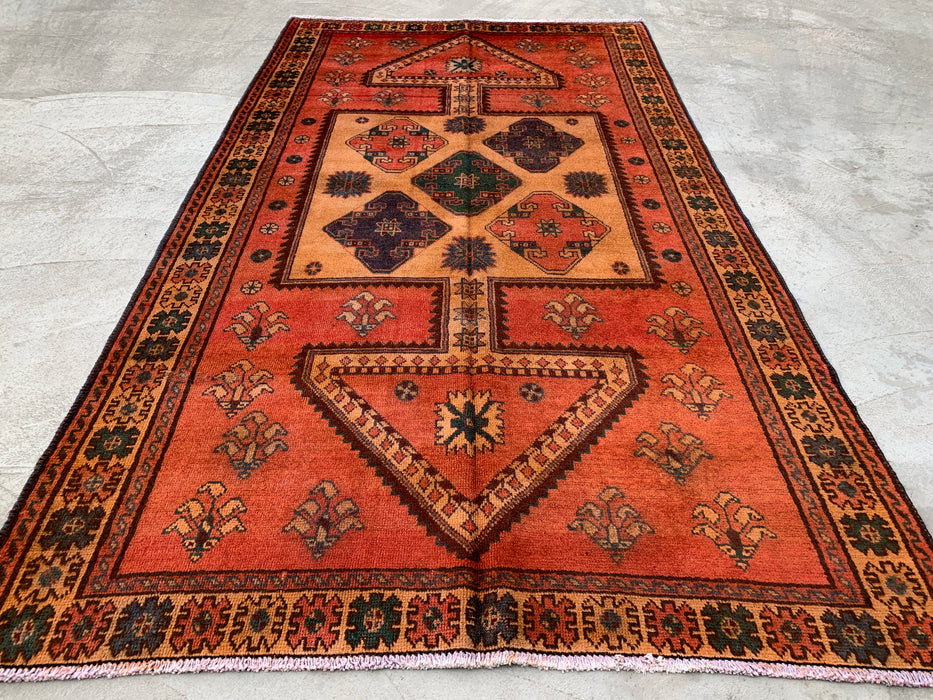 8'11 x 4'11 handgeknoopt Perzisch wollen tapijt - roestkleurig geometrisch tribaal paneelontwerp - KBHM-924