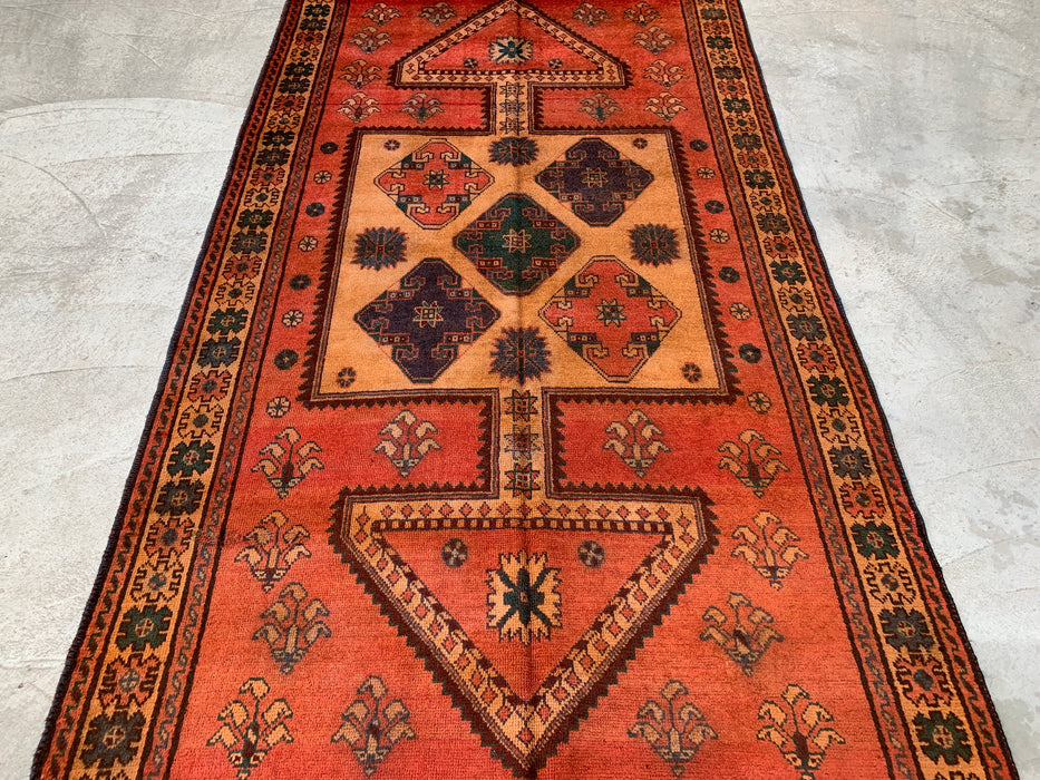 8'11 x 4'11 handgeknoopt Perzisch wollen tapijt - roestkleurig geometrisch tribaal paneelontwerp - KBHM-924