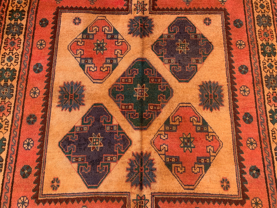 8'11 x 4'11 handgeknoopt Perzisch wollen tapijt - roestkleurig geometrisch tribaal paneelontwerp - KBHM-924