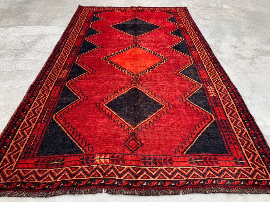 9'3 x 5'4 Handgeknoopt Perzisch wollen tapijt - Rood geometrisch tribaal ruitontwerp - KBHM-925