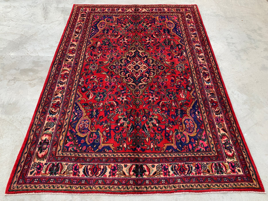 Handgemaakt Perzisch wollen vloerkleed 7x10 - Rood Perzisch tapijt met bloemenmedaillon - Exacte afmeting 299 cm x 211 cm - KBHM-931