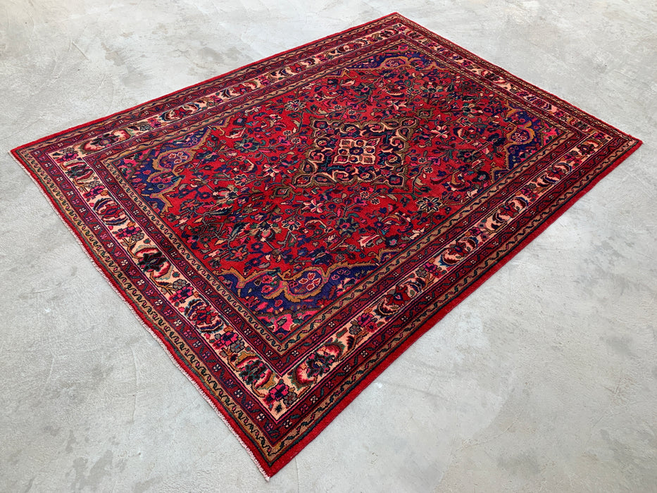 Handgemaakt Perzisch wollen vloerkleed 7x10 - Rood Perzisch tapijt met bloemenmedaillon - Exacte afmeting 299 cm x 211 cm - KBHM-931